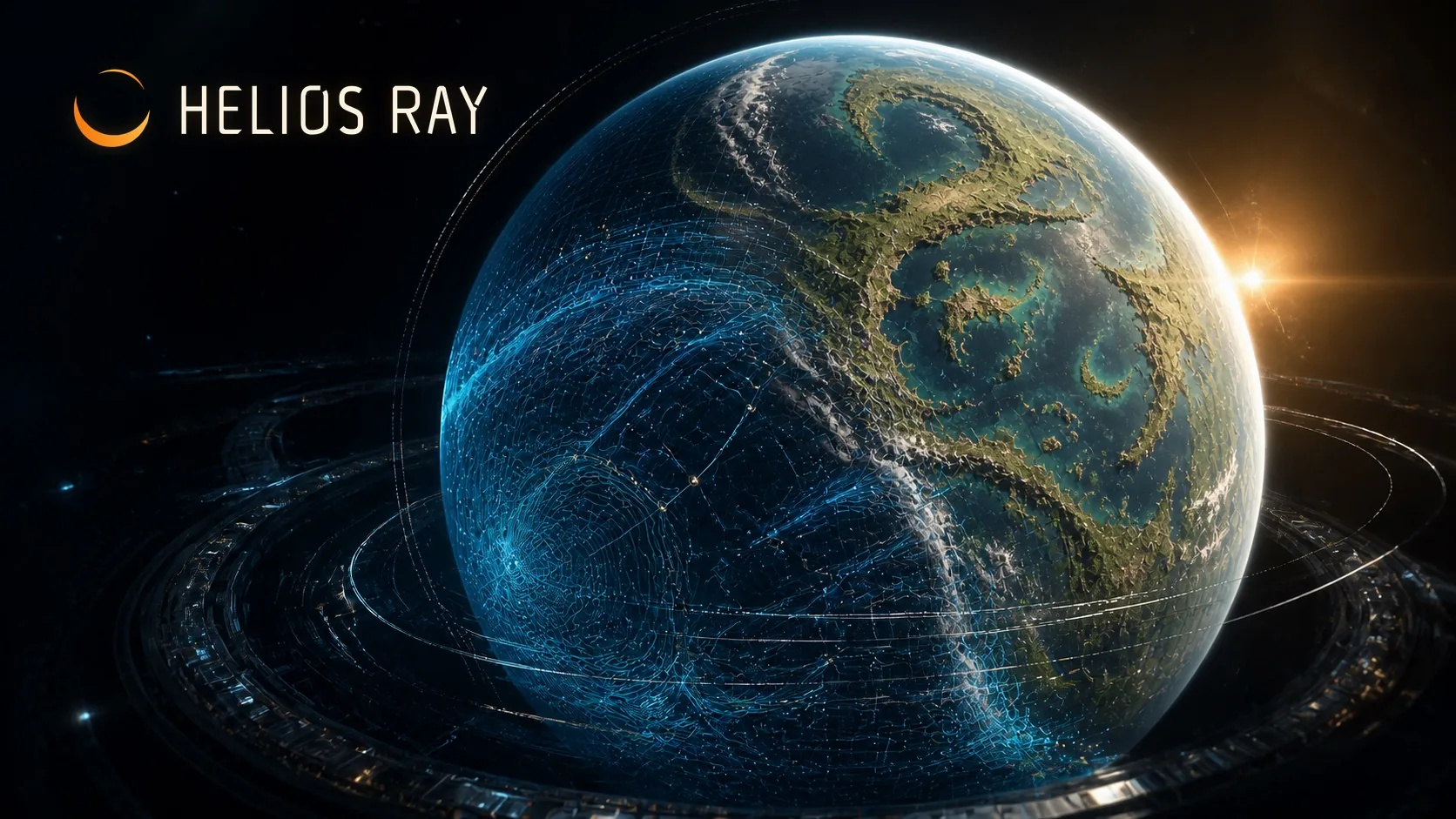 Planète Helios Ray entourée d’anneaux orbitaux et d’un maillage de données bleu, éclairée par un lever de soleil.